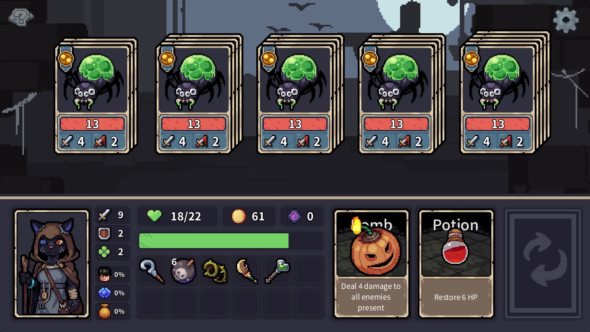 Stray Path: Combat screen with spider cards above inventory menu and character stats in dark setting