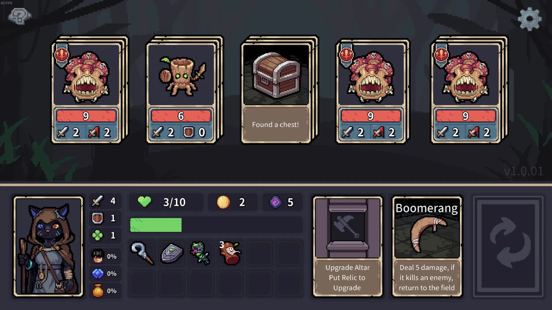 Stray Path: Combat setup with enemy cards, player stats, and upgrade options in a forest environment