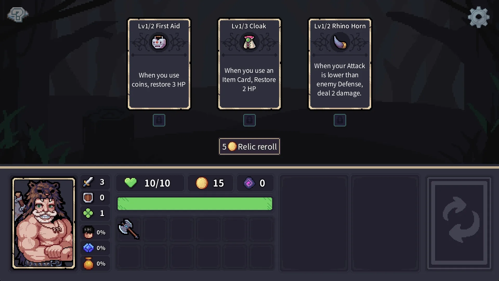 Stray Path: Character inventory and card selection screen with three relic options in a dark forest.
