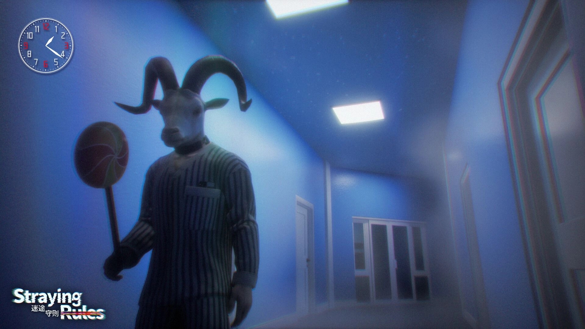 Straying Rules: Goat-headed figure with lollipop stands in eerie blue hallway under a wall clock
