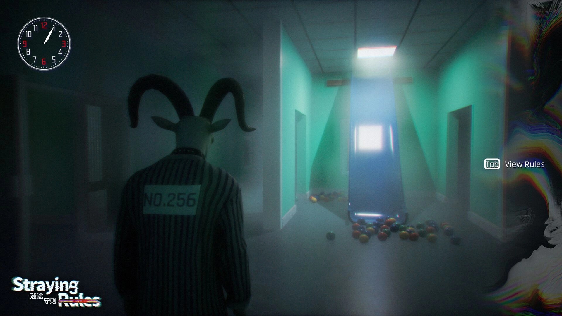 Straying Rules: Character with horned mask walks down a dimly lit hallway, clock shows time in corner