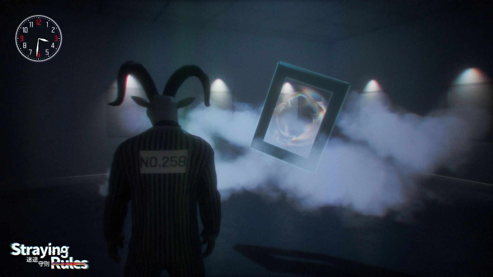 Straying Rules: Character No.258 in misty room with floating frame and clock on wall