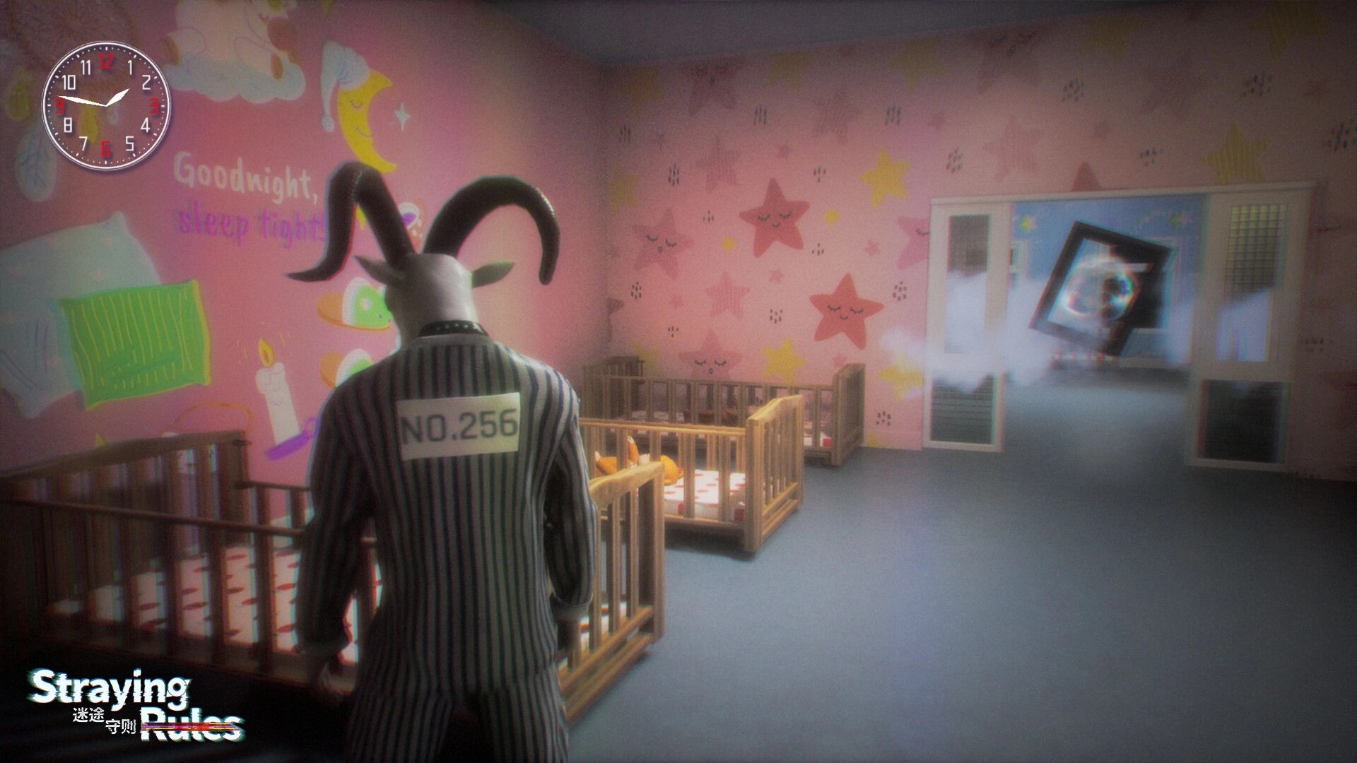 Straying Rules: Goat-headed character in a nursery with cribs, facing a distorted portal in the wall.