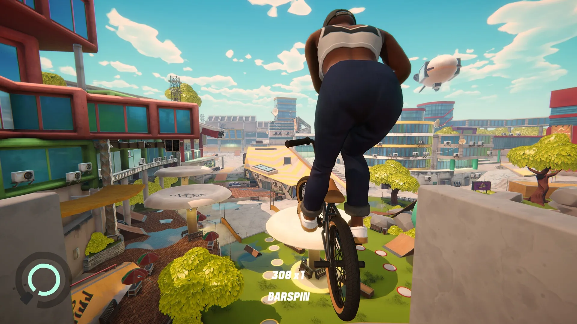 Streetdog BMX: Cyclist performs a barspin trick over vibrant urban landscape with score displayed