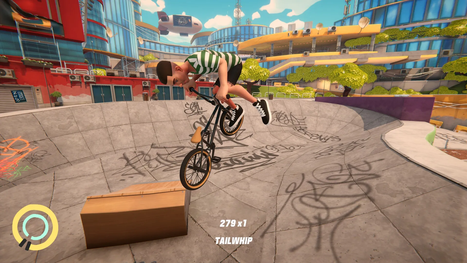 Streetdog BMX: Player performs a tailwhip trick in a graffiti-covered skate park with urban backdrop