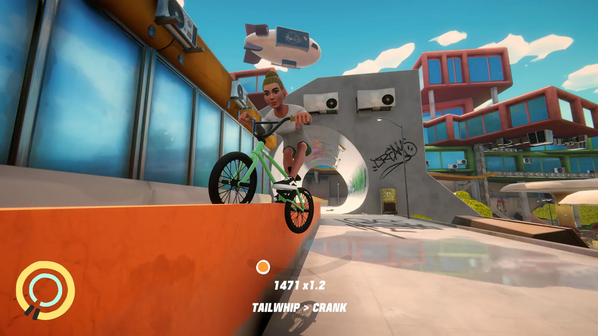 Streetdog BMX: Rider performing tailwhip trick on BMX in urban skatepark with graffiti and blimp overhead