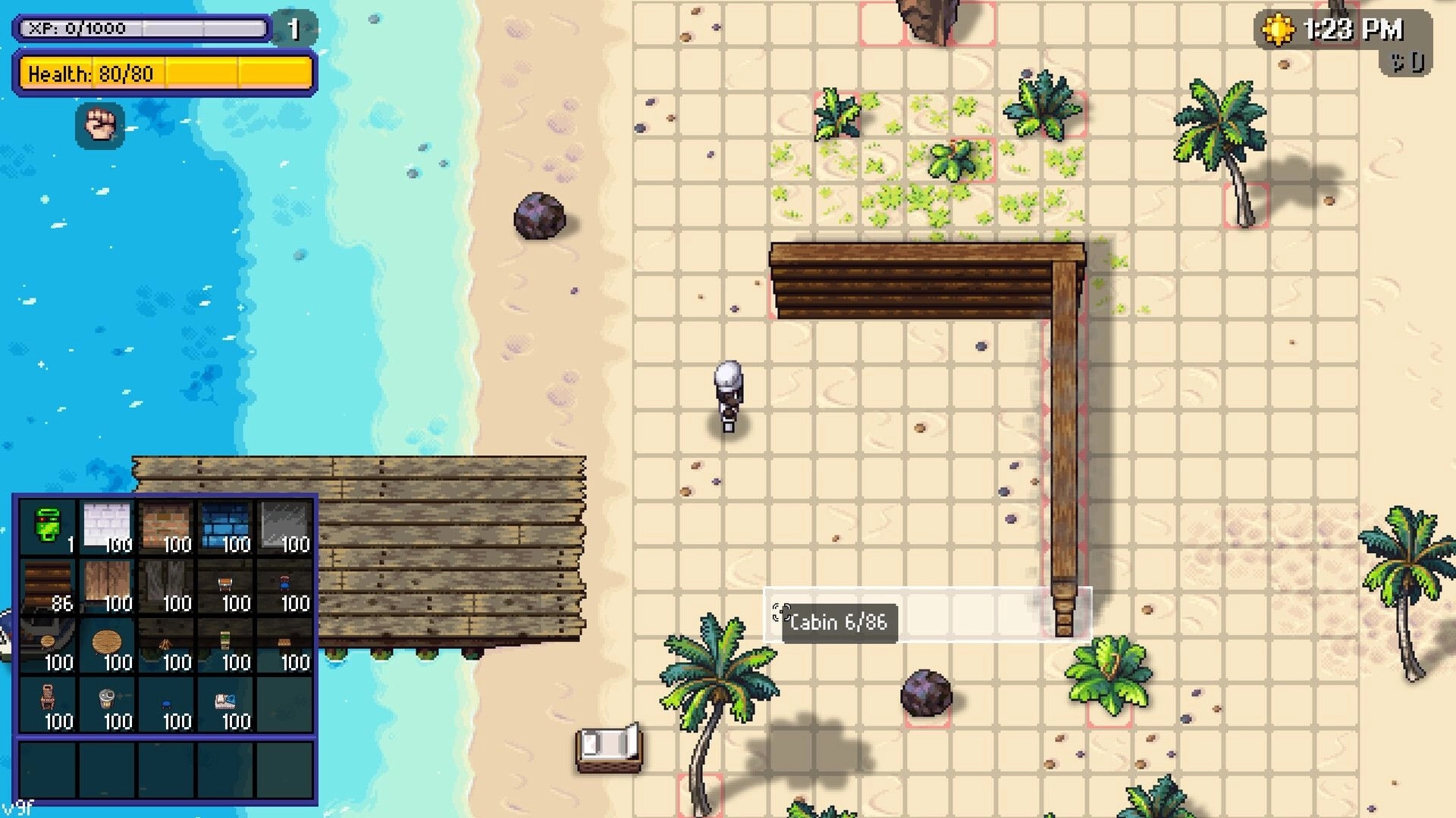 Streets of Rogue 2: Character explores beach area with inventory menu open and health bar displayed.
