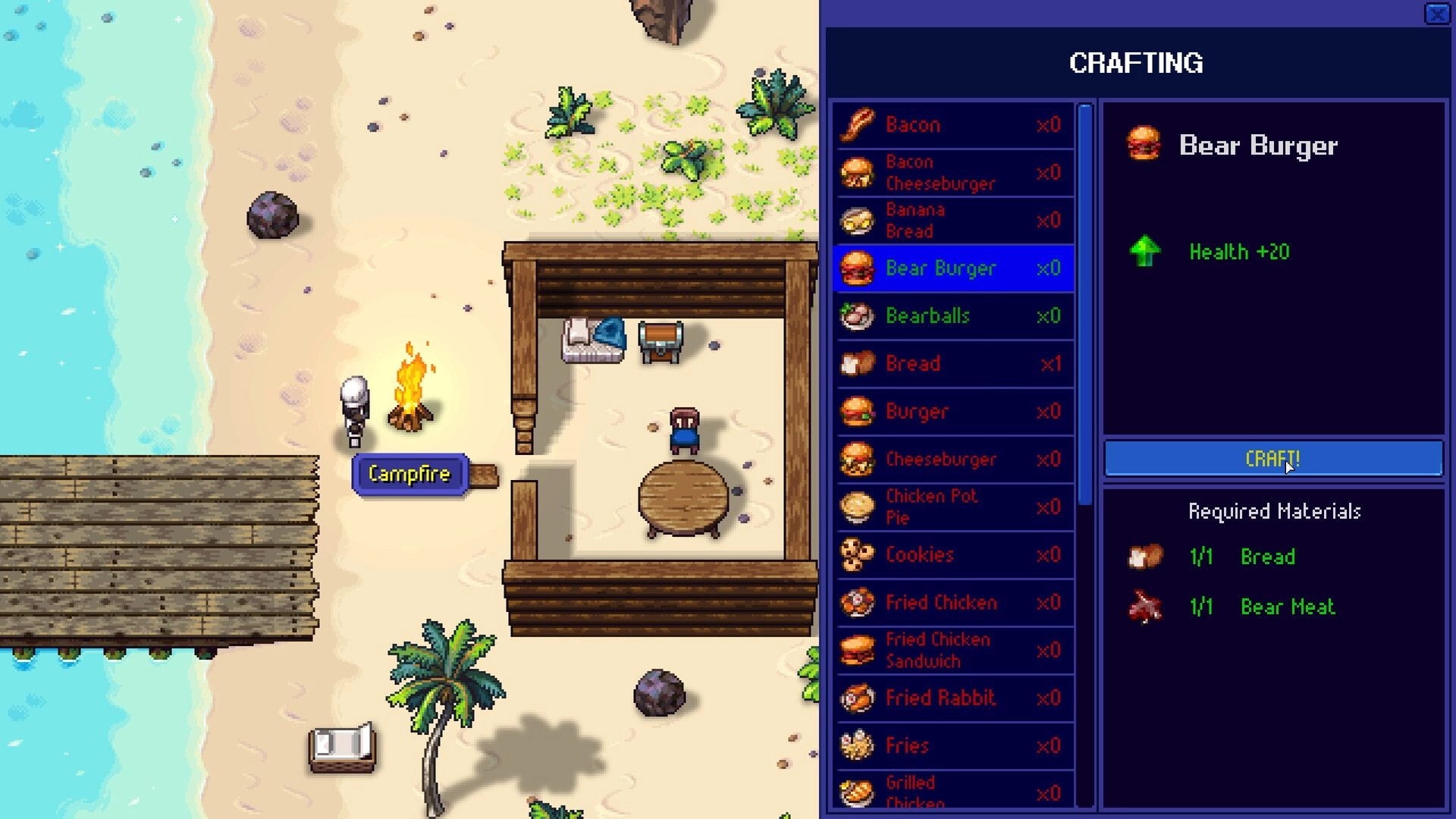 Streets of Rogue 2: Crafting Bear Burger at campfire on beach, with crafting menu and health boost.