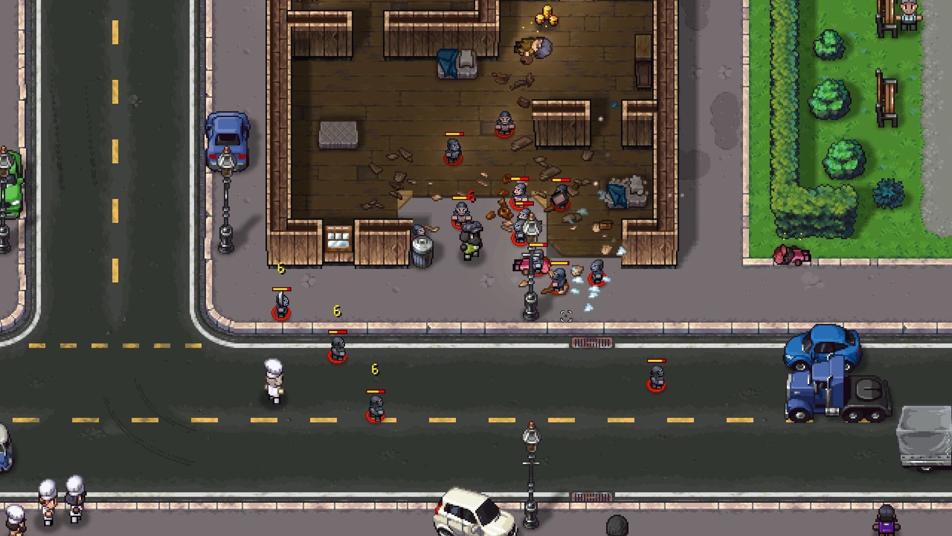 Streets of Rogue 2: Characters engage in combat outside a building on a busy street corner