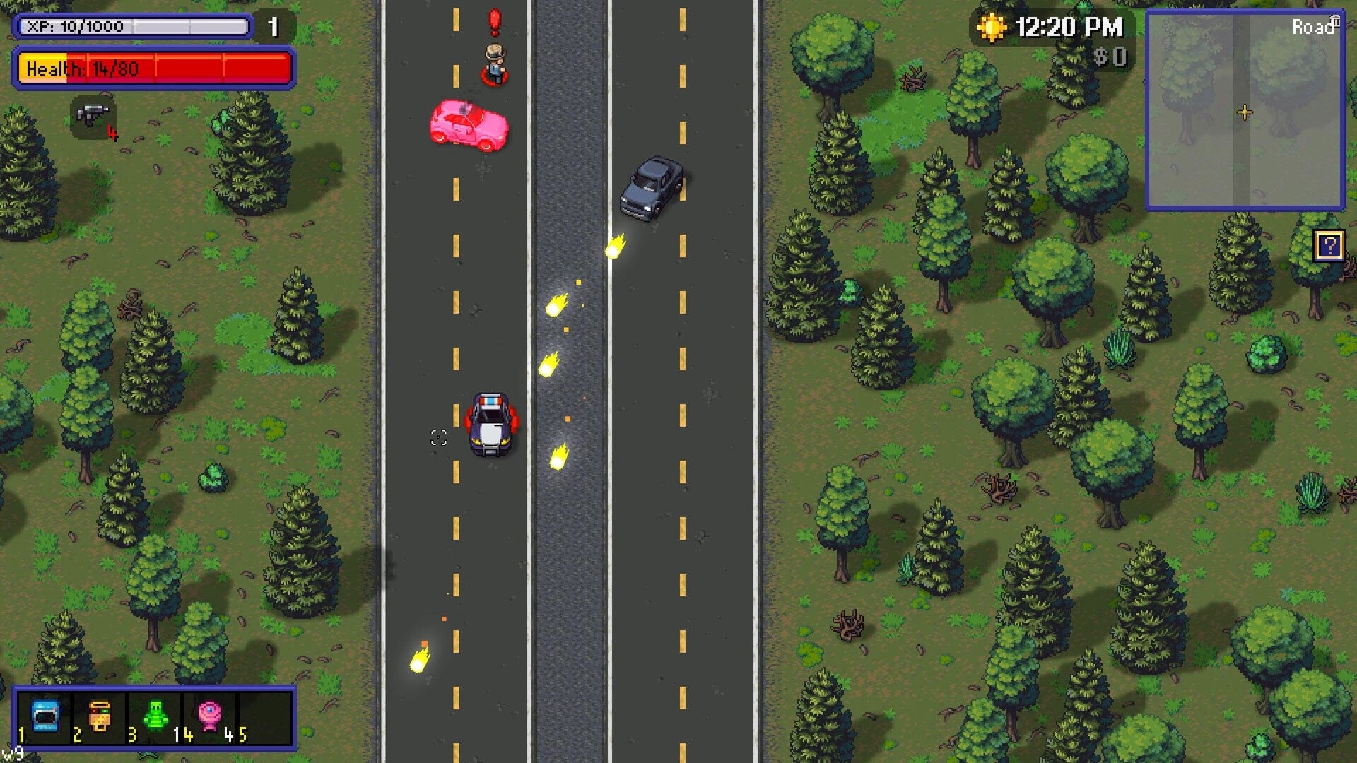 Streets of Rogue 2: Car chase on highway with gunfire, forest surroundings, and visible health bar