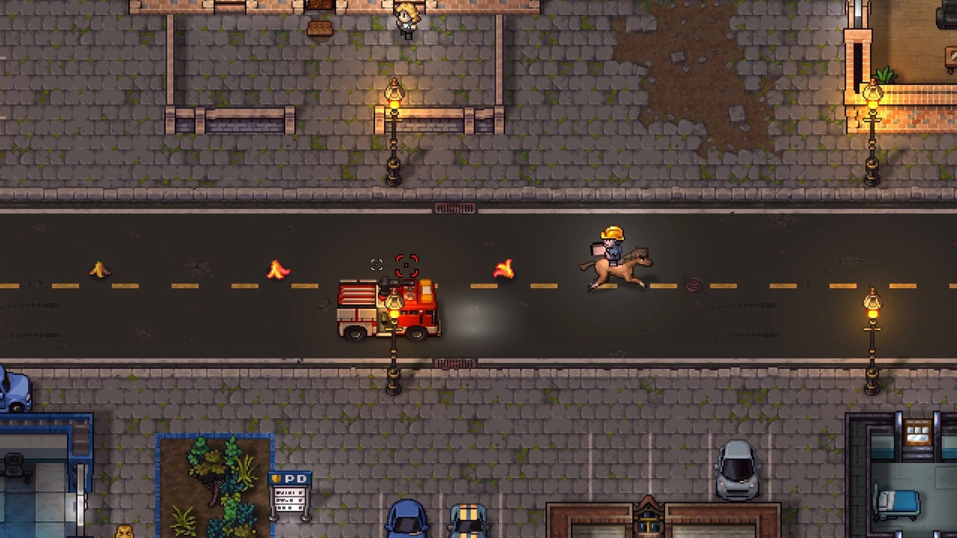 Streets of Rogue 2: Player on horseback evading a fire truck on a city street at night
