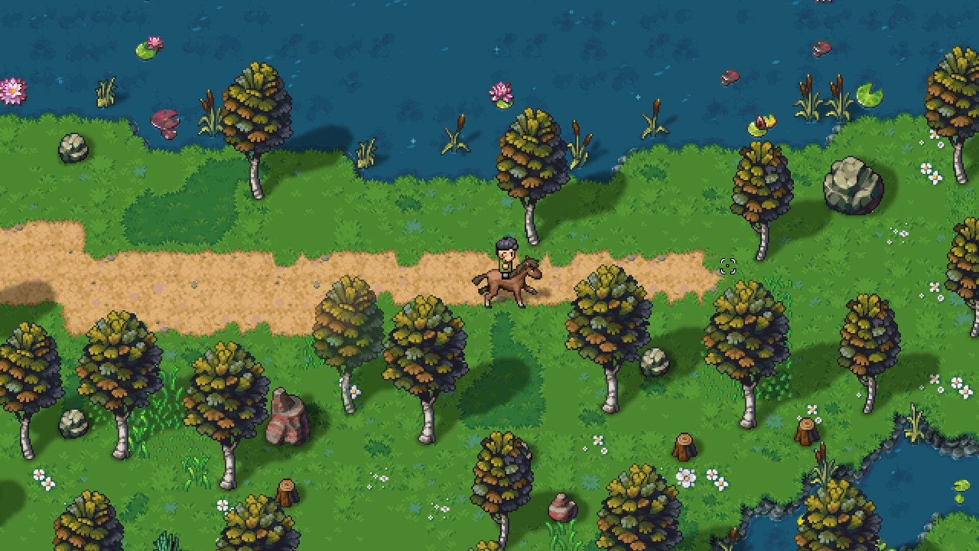 Streets of Rogue 2: Player riding a horse along a dirt path through a lush forest near a tranquil lake