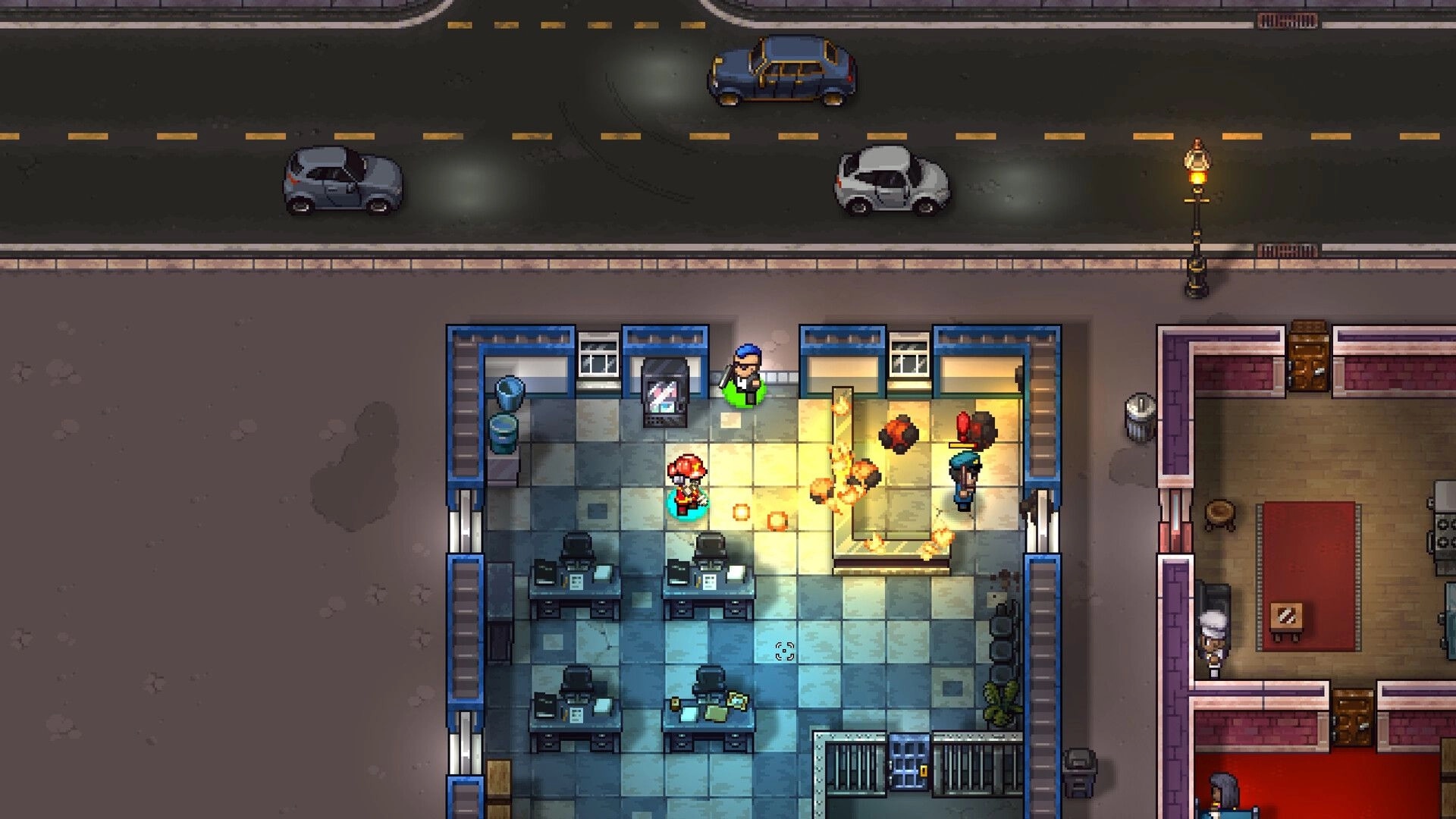 Streets of Rogue 2: Players in an office building engage in combat with fire and explosions inside.
