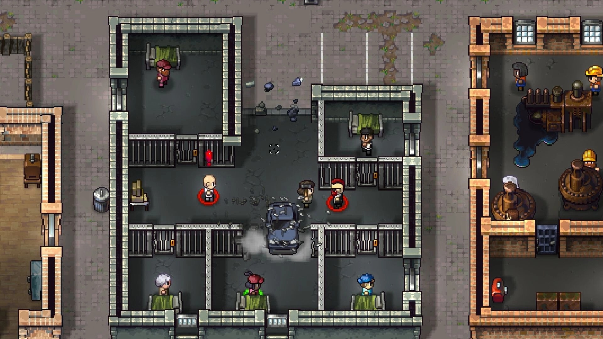 Streets of Rogue 2: Characters navigating a prison yard with cells and various equipment scattered around.
