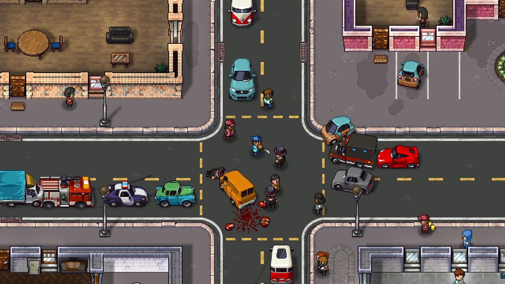 Streets of Rogue 2: Traffic jam with multiple characters at a busy city intersection