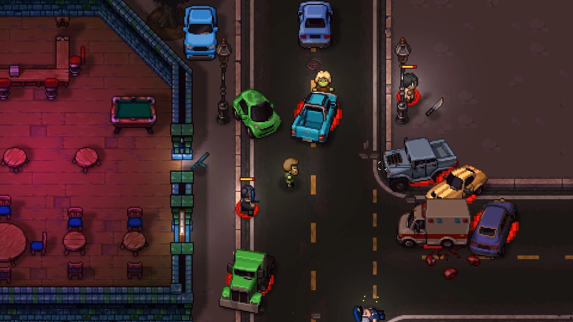 Streets of Rogue 2: Character navigates crowded street with cars and pedestrians near a bustling tavern