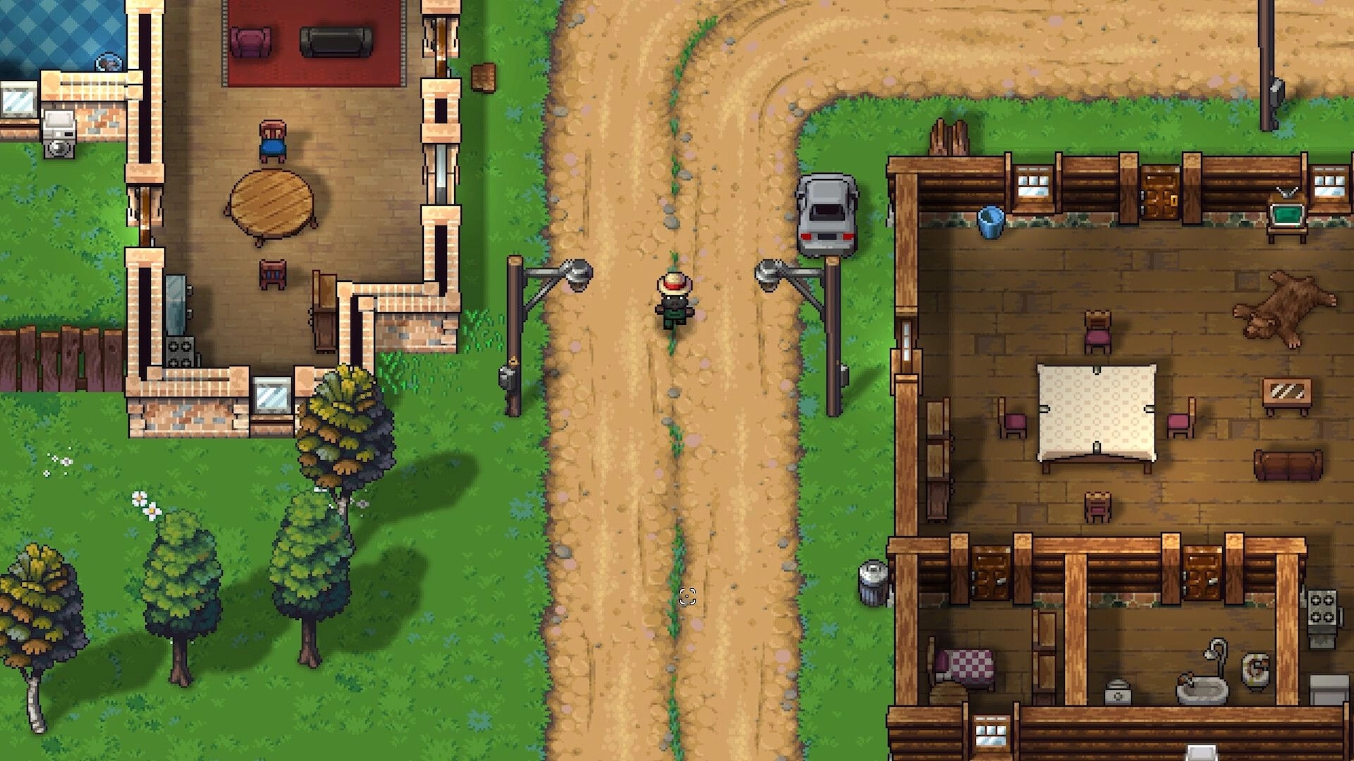 Streets of Rogue 2: Character walking down dirt road between houses in a village setting