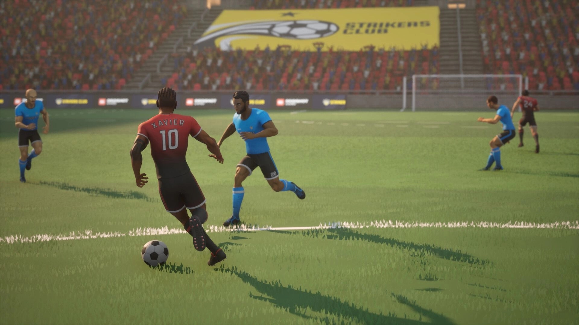 Strikers Club: Player Xavier dribbling past opponents on a vibrant stadium pitch