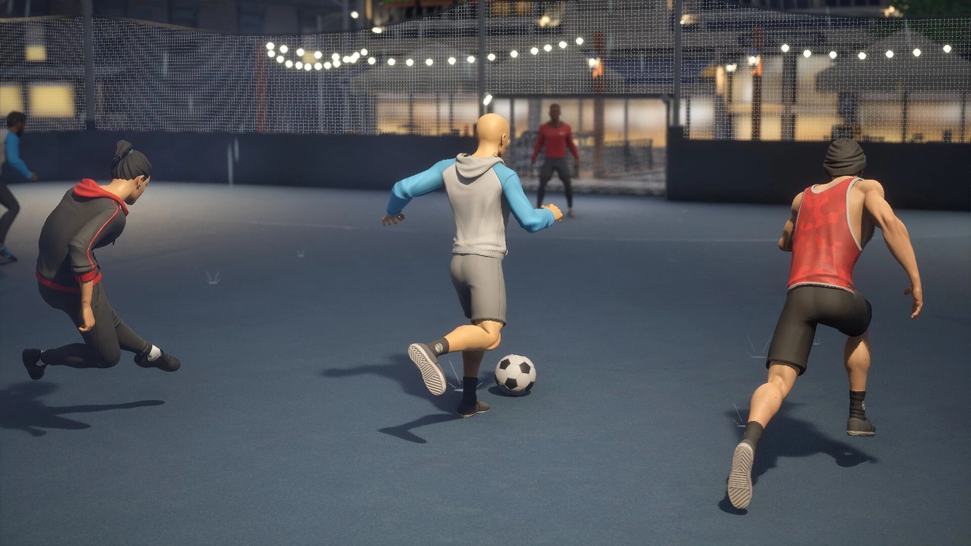 Strikers Club: Player dribbles soccer ball on urban pitch under string lights, opponents in pursuit