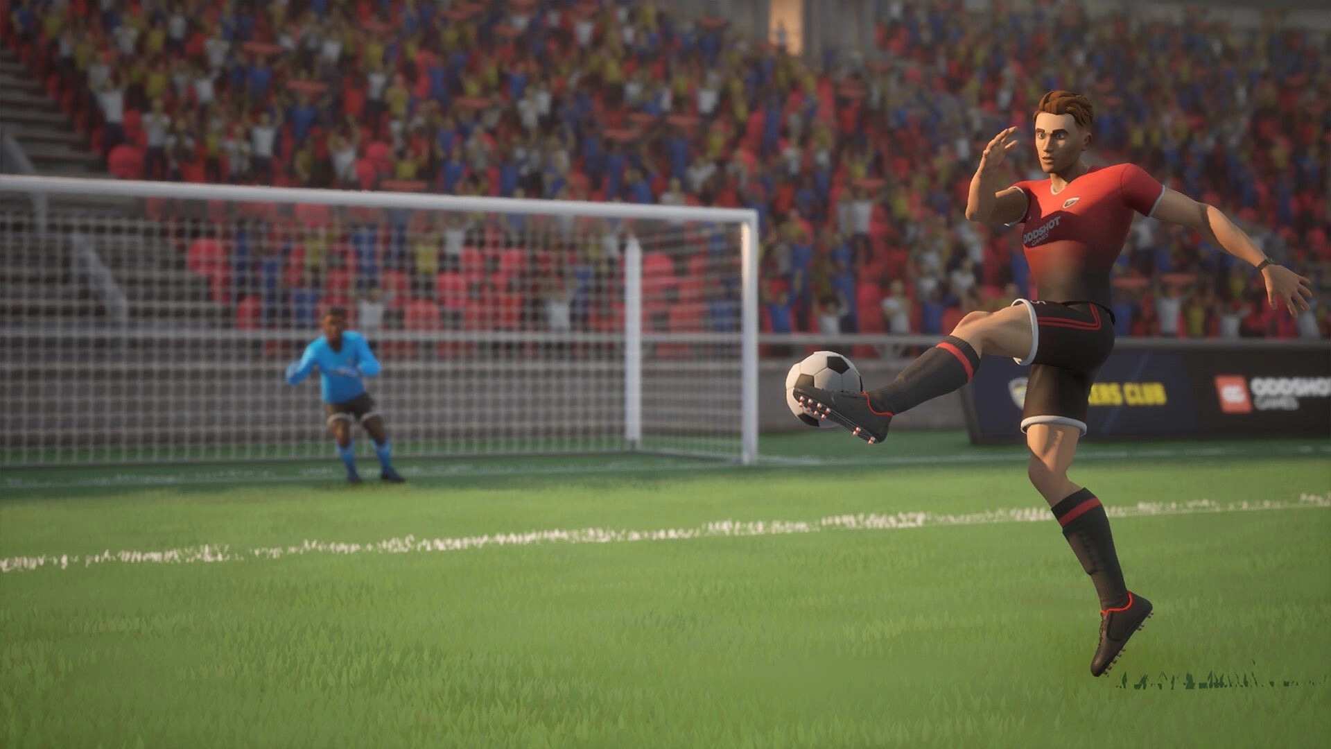 Strikers Club: Player executing a powerful kick towards the goal with a goalie ready in the stadium backdrop.