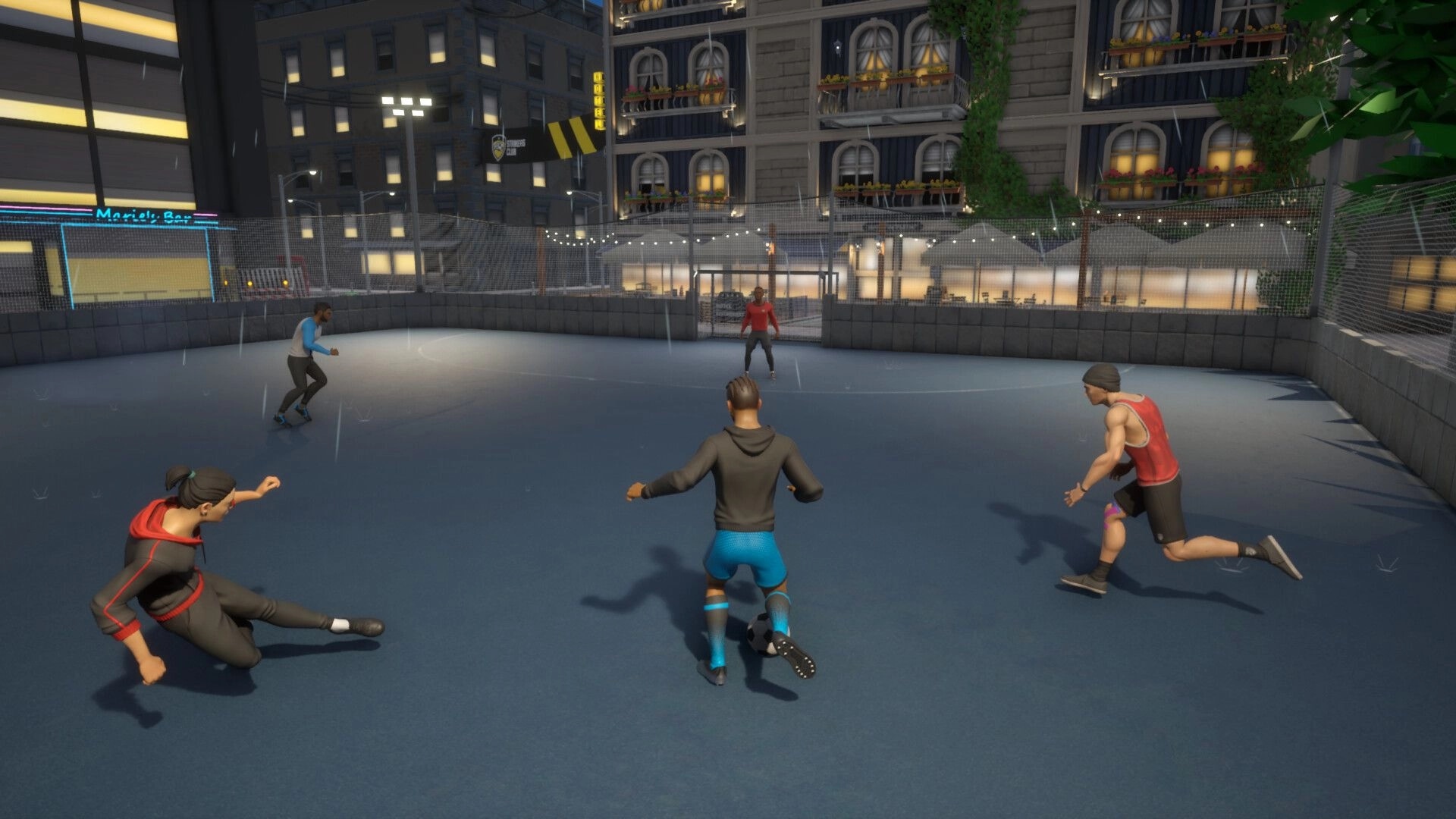 Strikers Club: Players dribble and defend on a rainy urban pitch, surrounded by buildings and lights.
