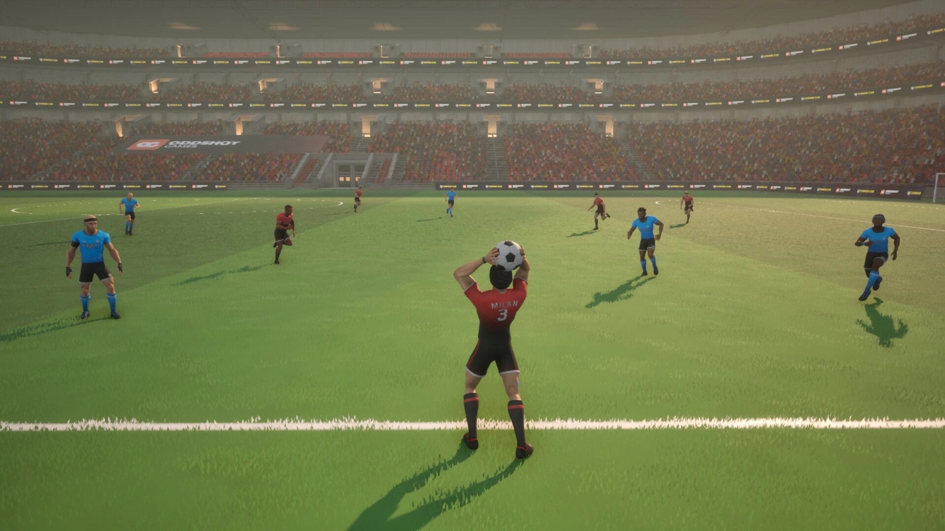 Strikers Club: Player in red jersey prepares for a throw-in at a packed stadium during a tense match