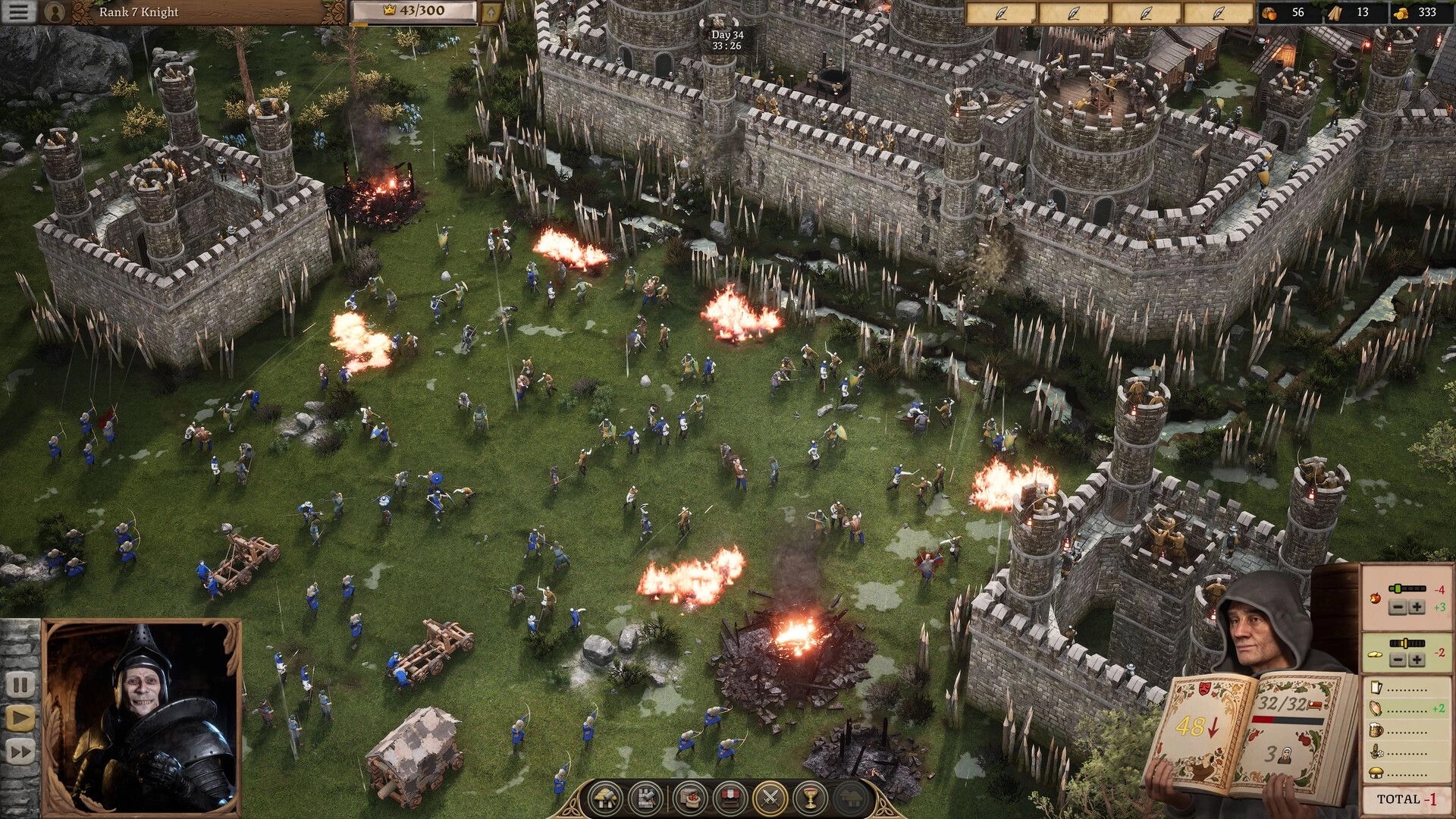 Stronghold 4: Archers and troops assault stone walls amid fire and siege engines outside a castle UI view.