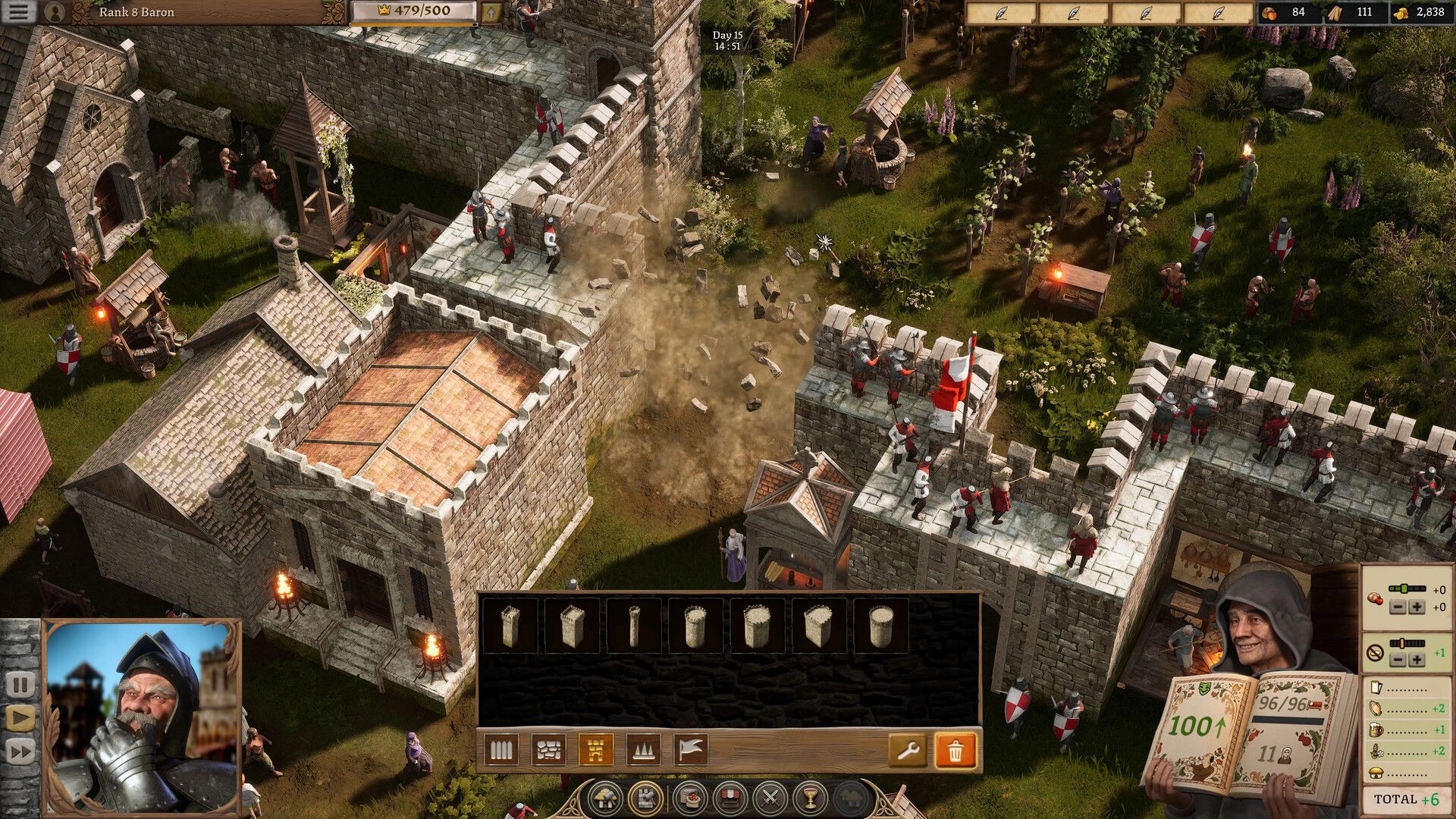 Stronghold 4: Castle wall under siege with soldiers atop battlements, building menu open in village outskirts.
