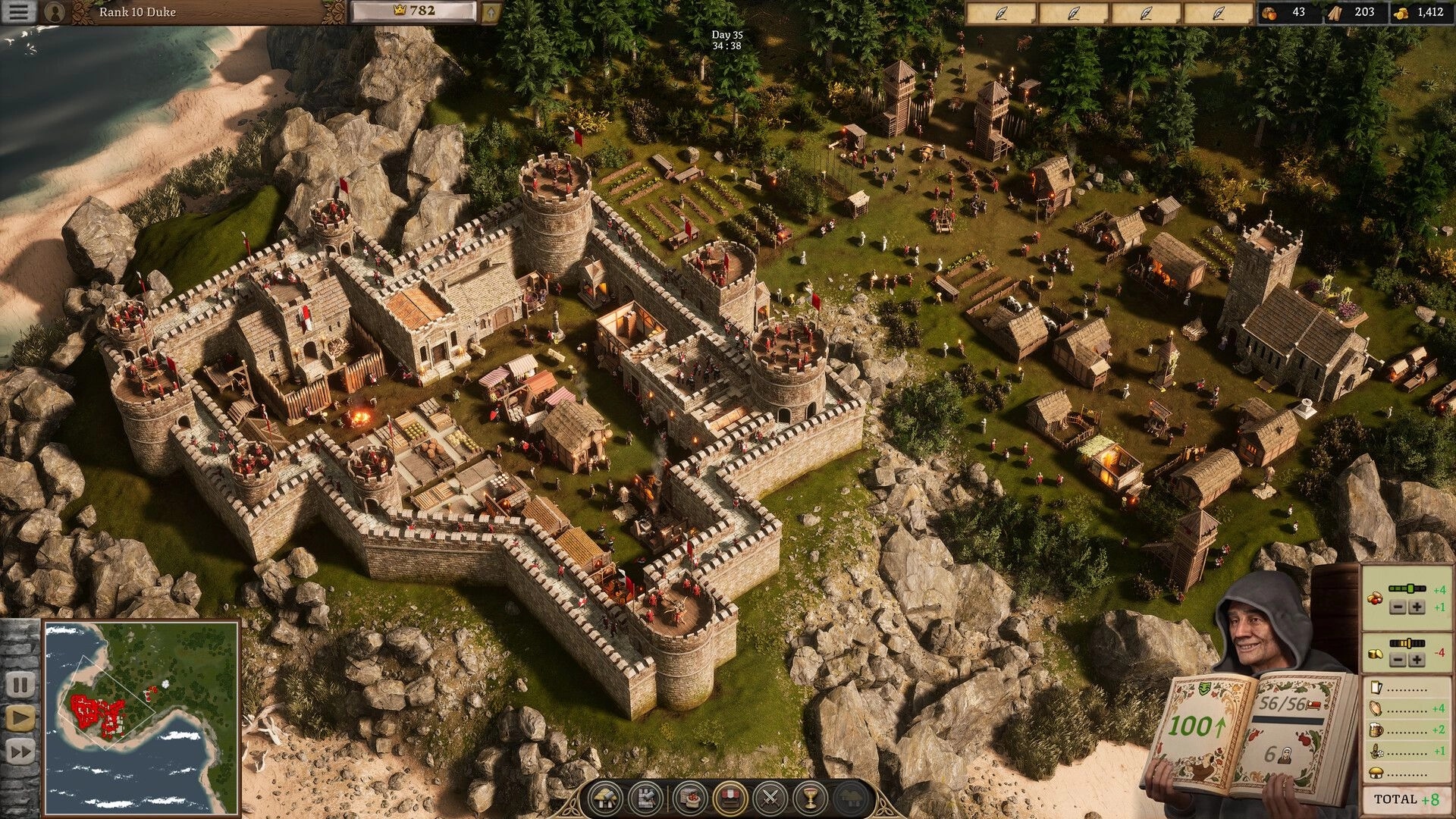 Stronghold 4: Coastal stone castle with towers and village farms, resource bar and minimap UI visible.