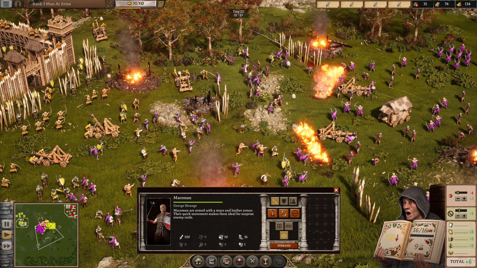 Stronghold 4: Siege battle with archers and catapults amid fires outside a wooden palisade fortification.