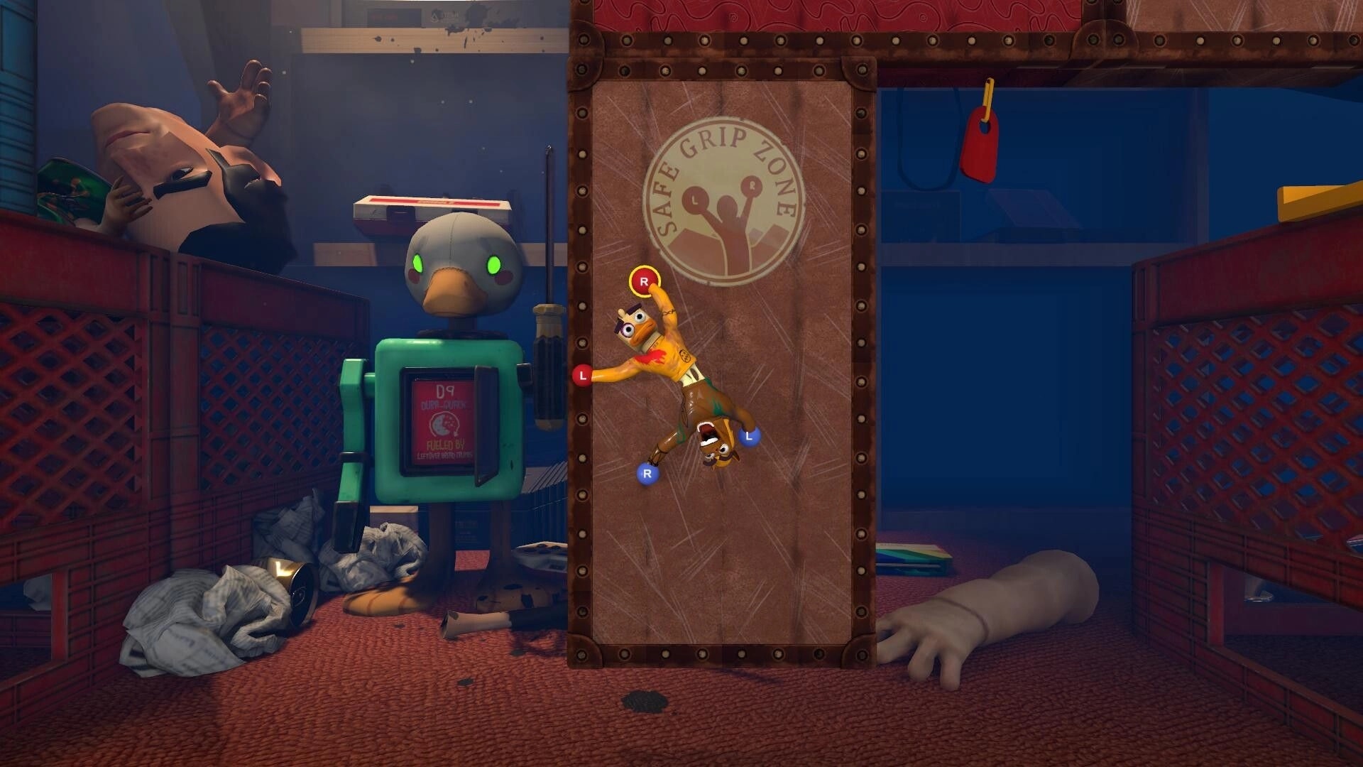 Stuck Together: Two toys climb a wooden wall marked "Safe Grip Zone" in a cluttered attic room.
