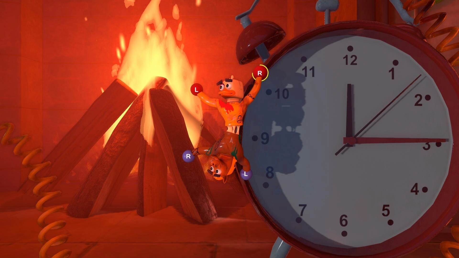 Stuck Together: Two toys climbing a large clock face in a fiery attic environment, gripping tightly.