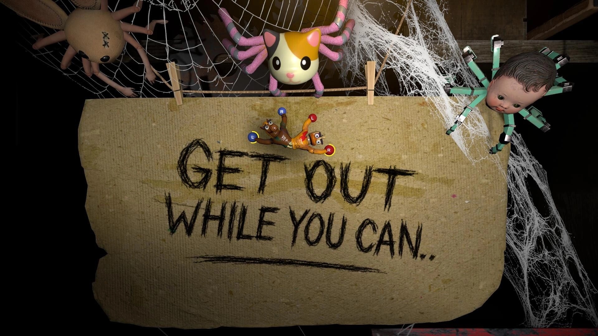 Stuck Together: Two toys climb a "GET OUT" sign amidst cobwebs and toy spider creatures in attic setting.