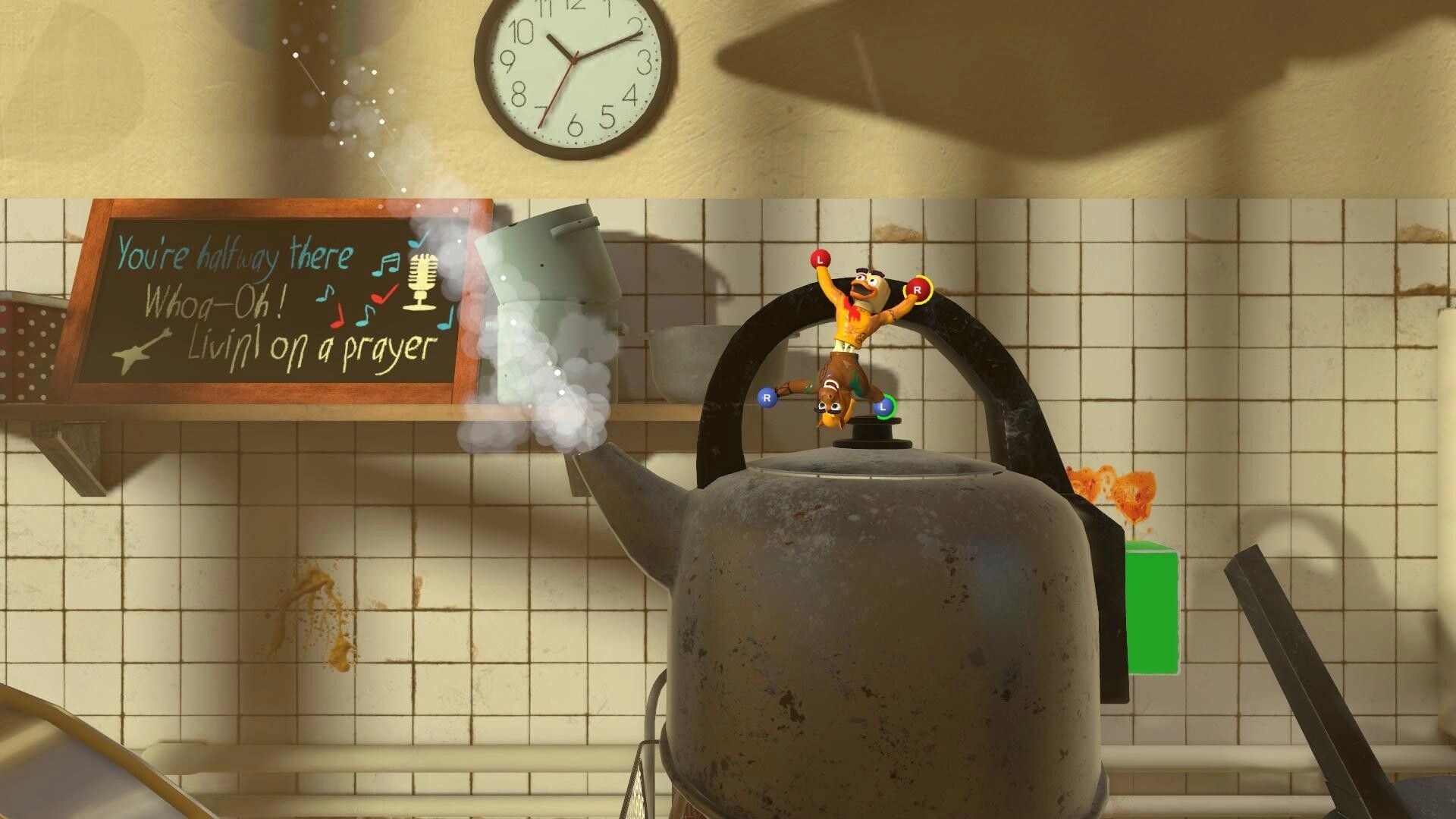 Stuck Together: Toys balancing on a steaming kettle in a kitchen with music-themed chalkboard nearby.