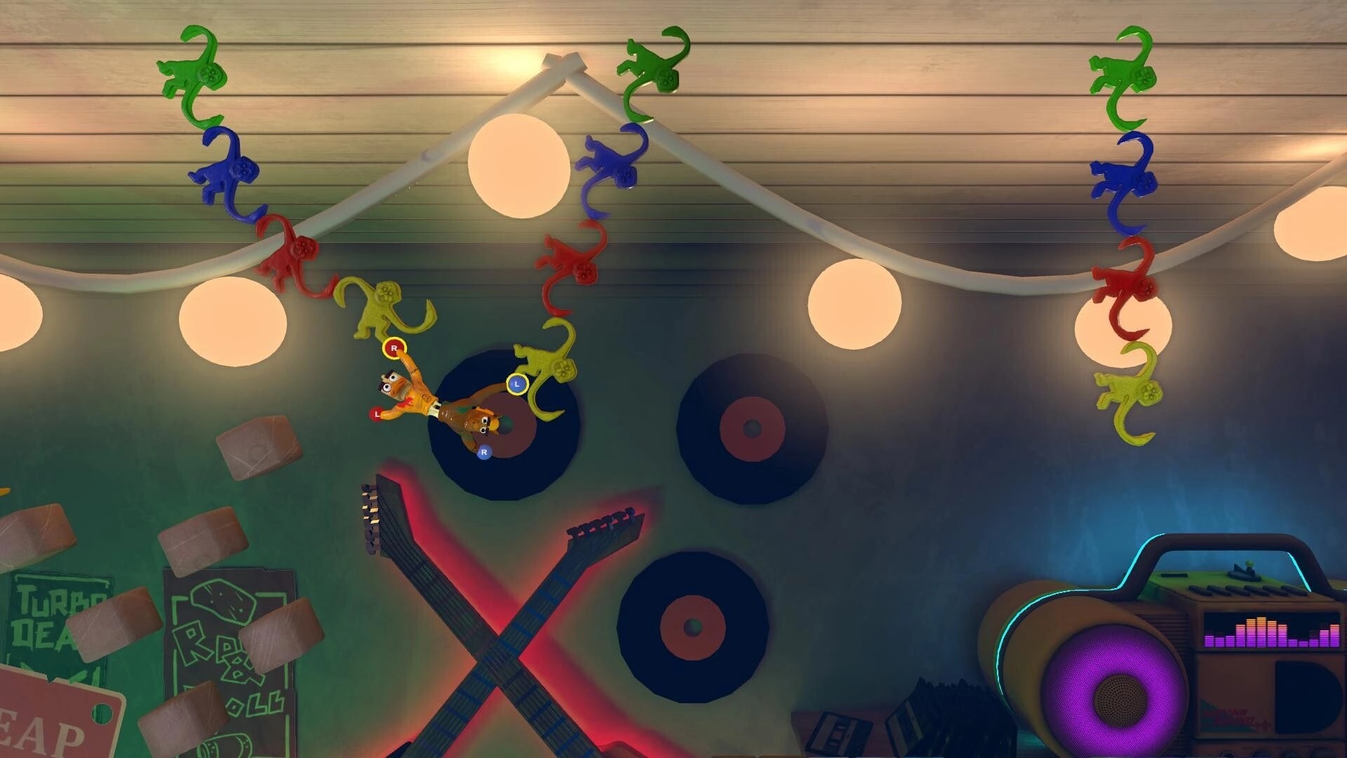Stuck Together: Toys climbing a chain of colorful monkeys in a music-themed attic with records and lights.