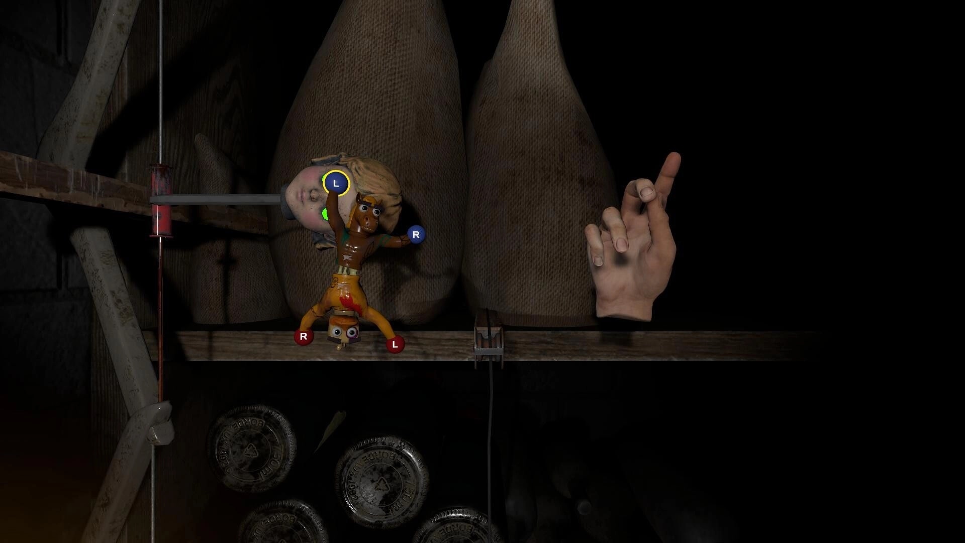 Stuck Together: Two toys climbing a shelf in a dim attic, avoiding a giant hand obstacle.