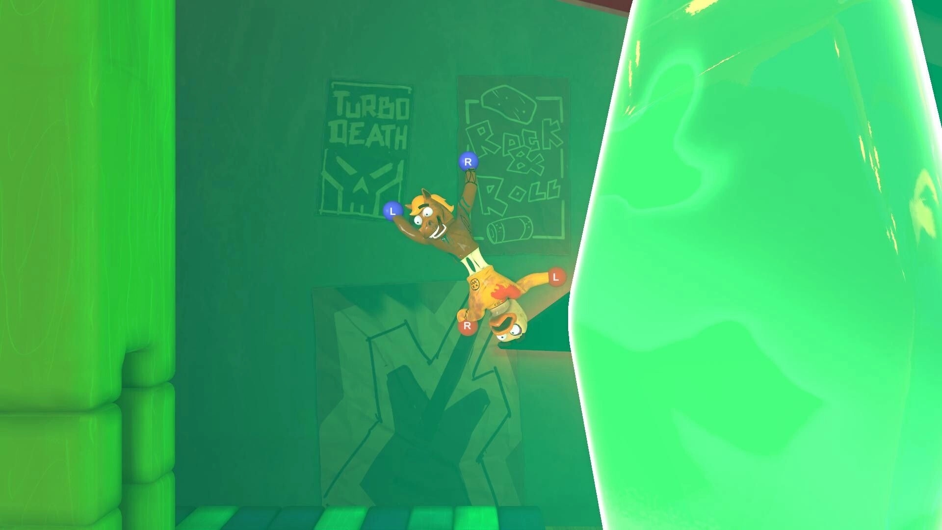 Stuck Together: Two toys climb a glowing green wall in a room with rock and roll posters.