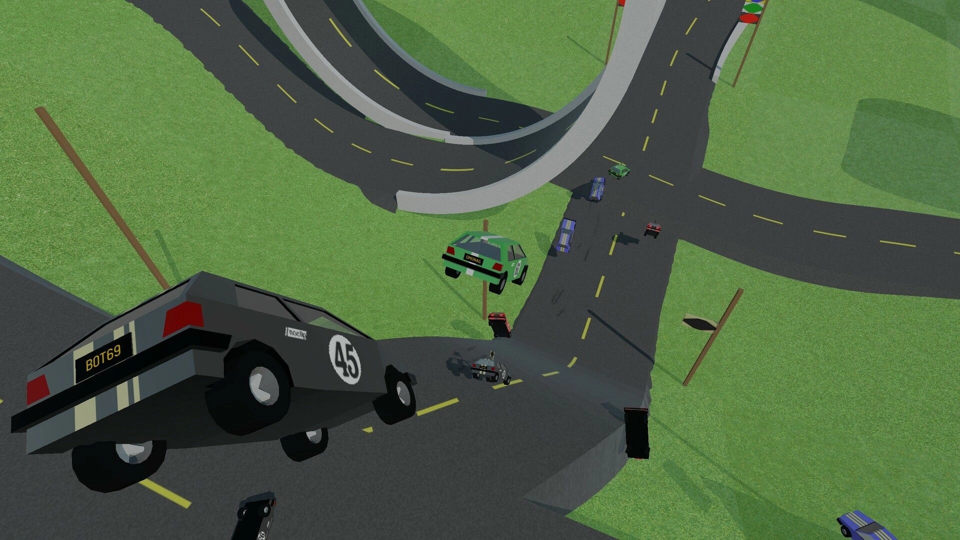Stunt Derby: Cars flying off a ramp in a looping track with multiple vehicles in a grassy area