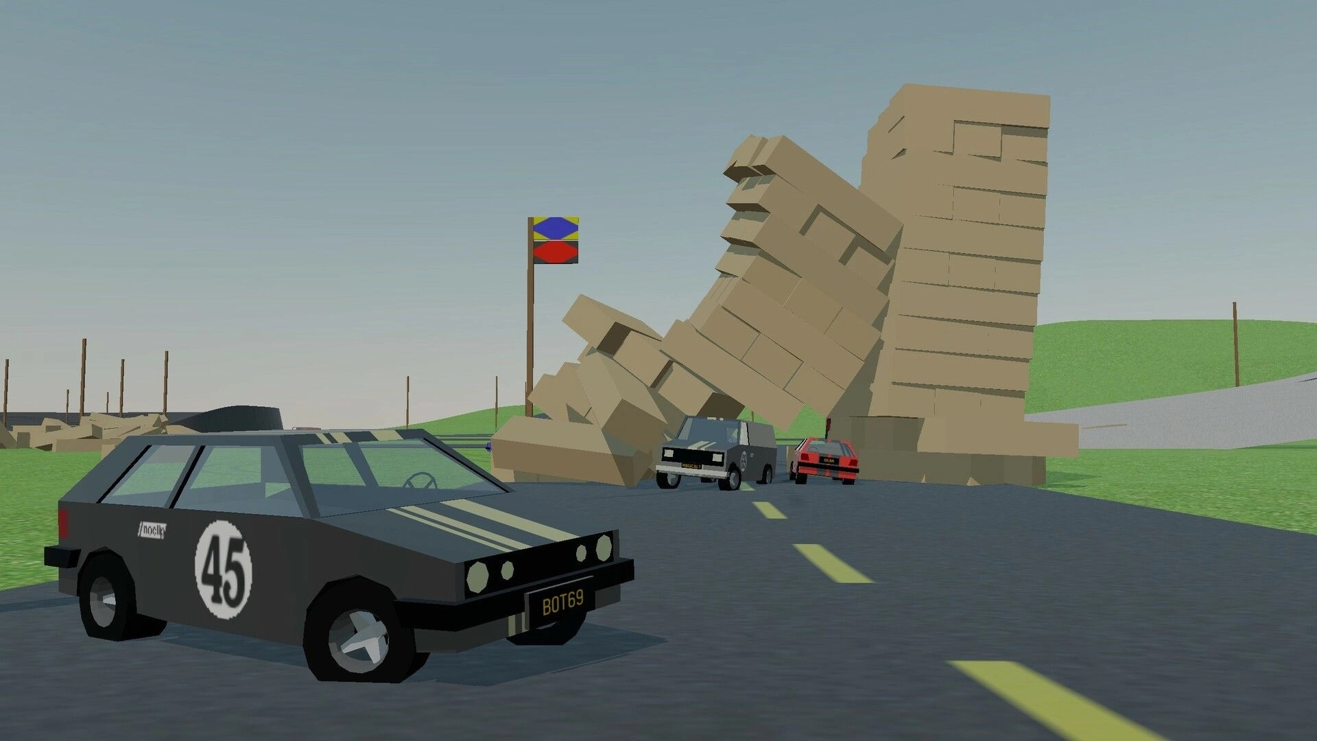 Stunt Derby: Cars navigate around toppled box towers on a road with a flag in the background