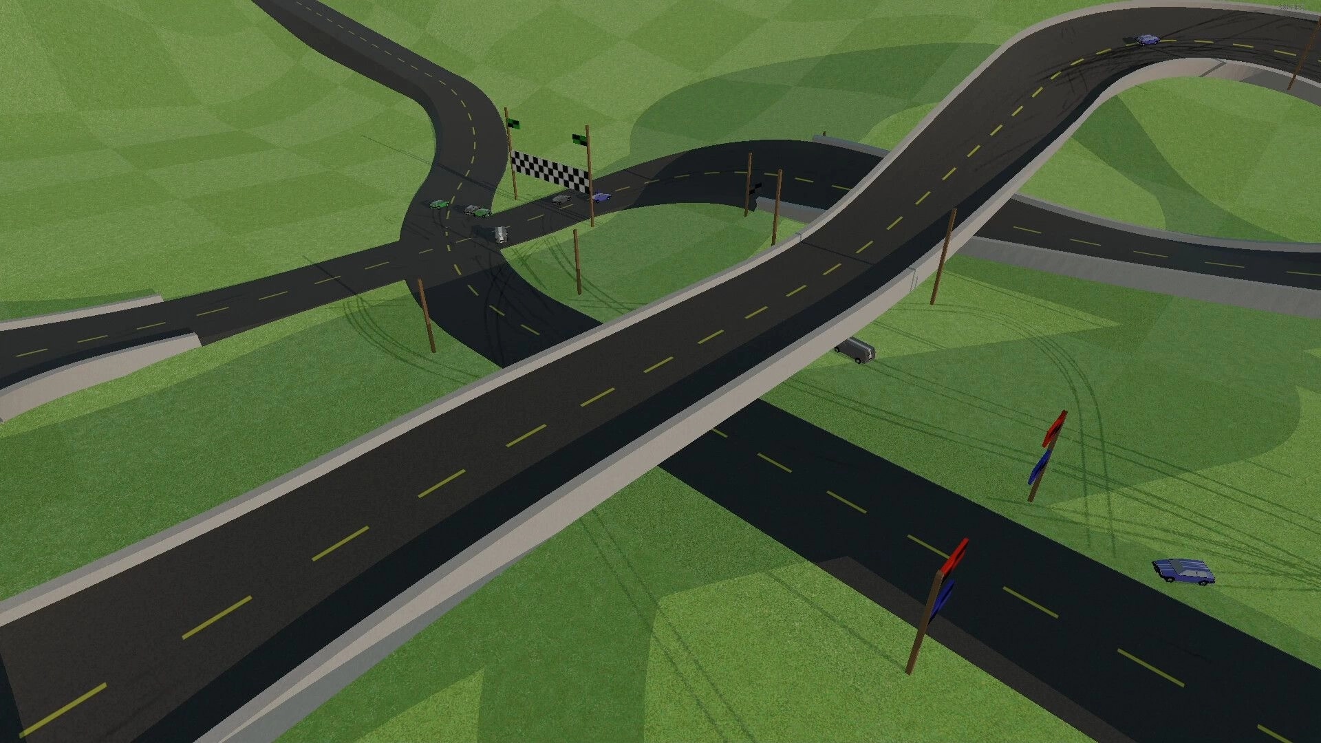 Stunt Derby: Cars racing on intersecting elevated tracks with a checkered finish line and green hills