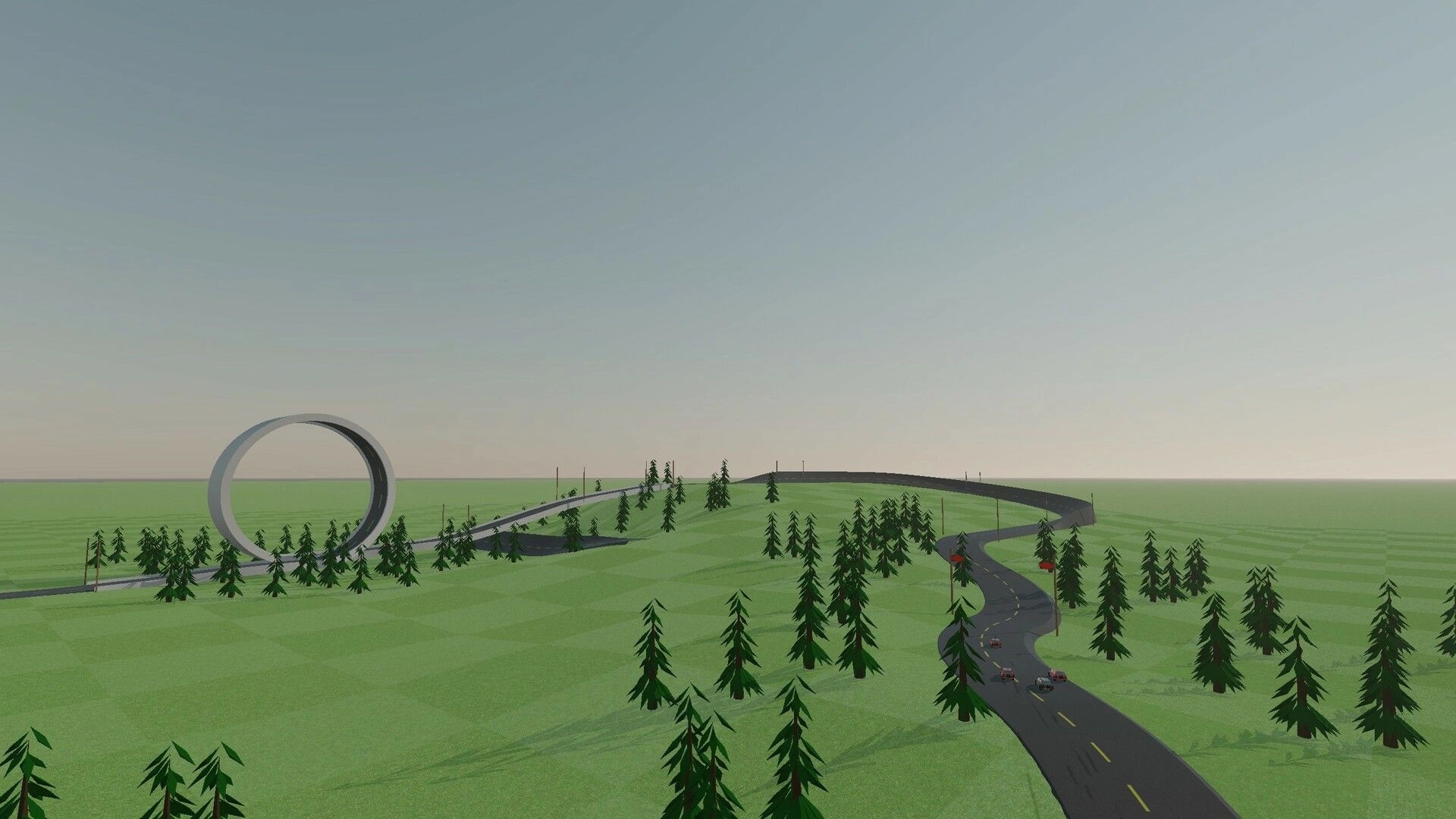 Stunt Derby: Cars racing on a winding track with a loop in a low-poly forest landscape