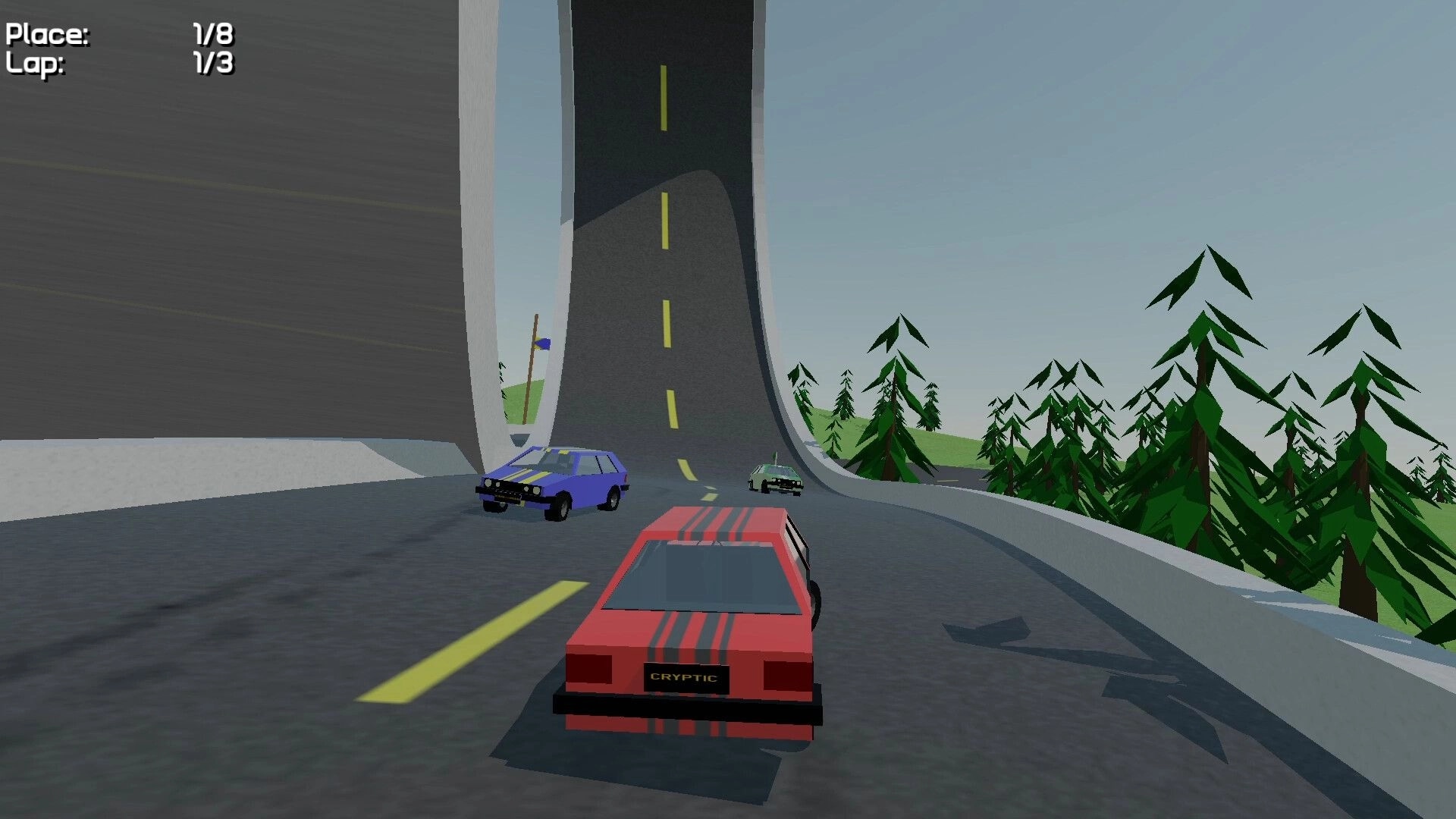 Stunt Derby: Red car racing on looped track with trees, competing with blue and green cars in first lap