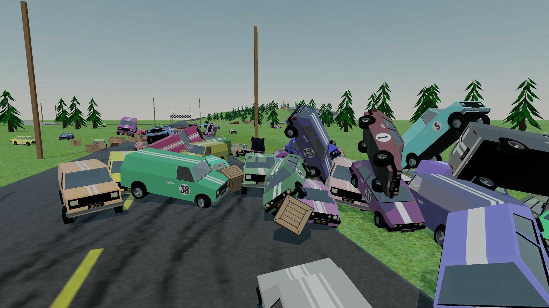 Stunt Derby: Multiple cars collide and pile up on a rural track surrounded by trees and a finish line.