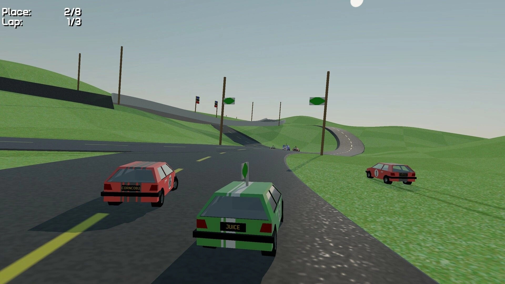 Stunt Derby: Racing cars on a winding road track with leaderboards showing position and lap count
