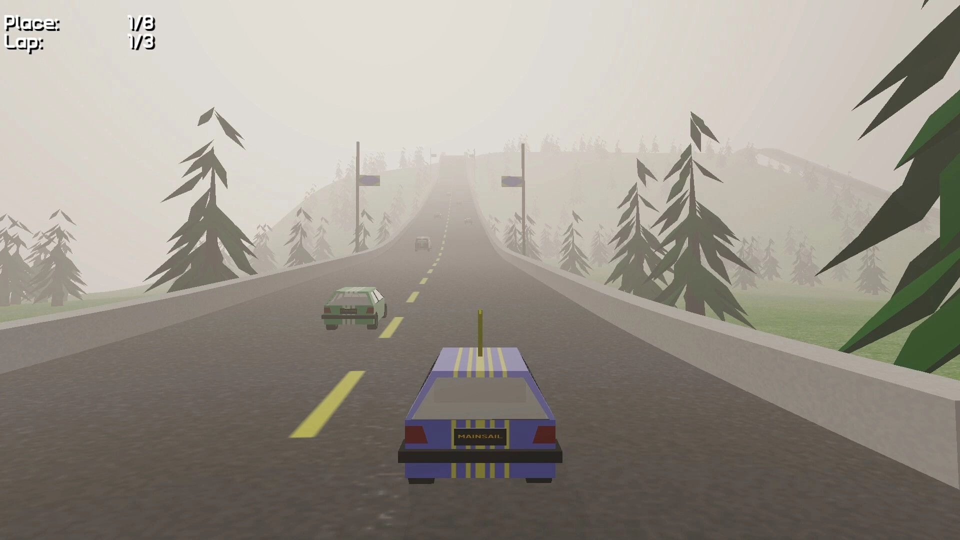 Stunt Derby: Racing through a foggy forest on a winding road, player in first place, lap 1 of 3