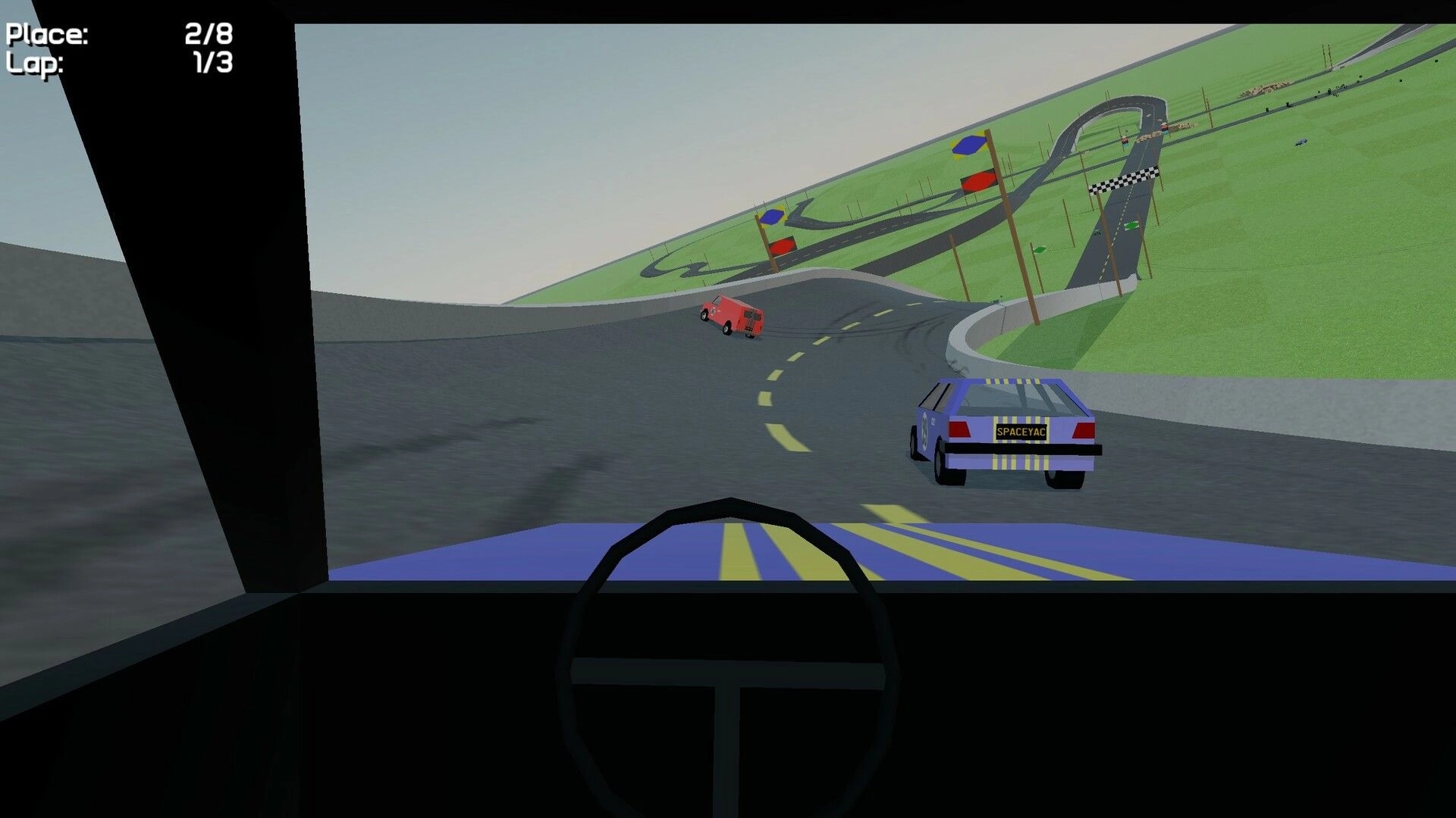 Stunt Derby: First-person racing view with multiple cars on a winding track, position 2 out of 8