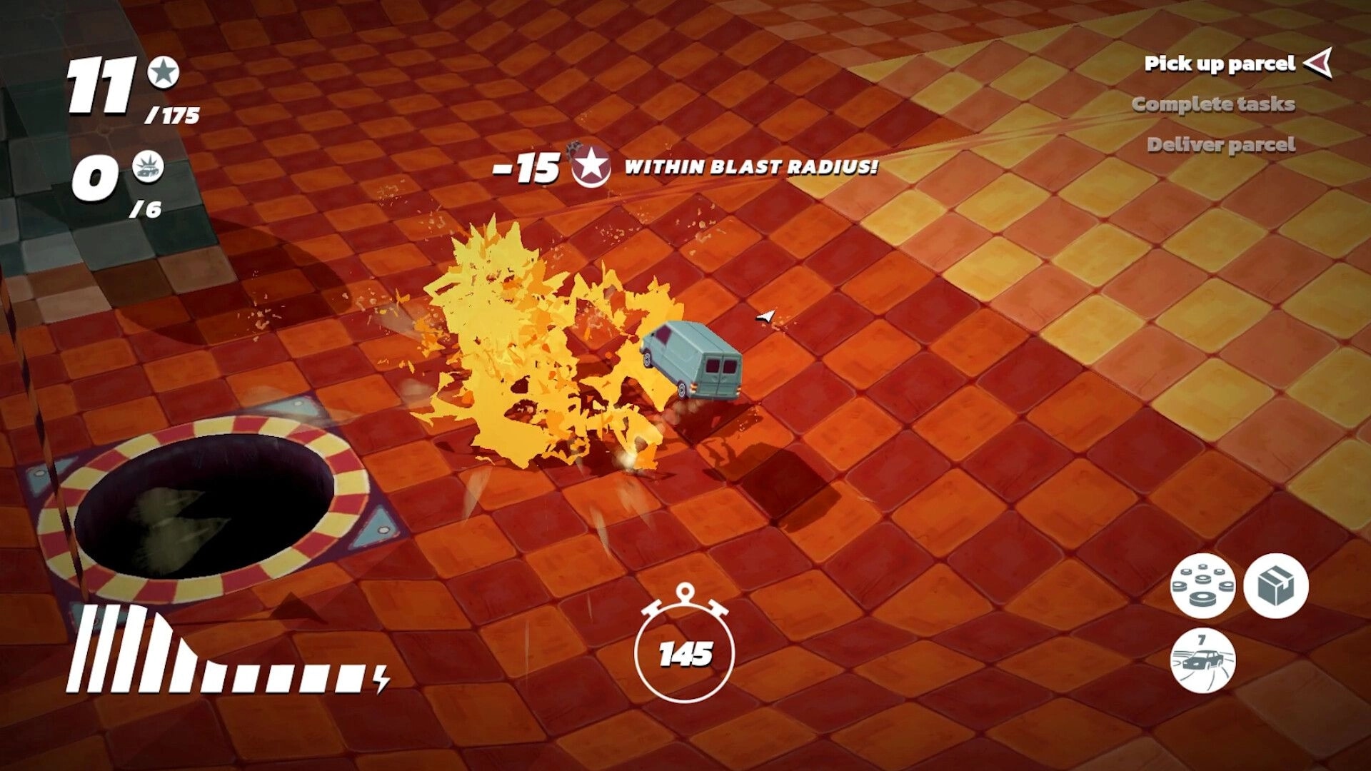 Stunt Xpress: Van dodges explosion on tiled arena floor with pickup parcel objective and timer UI.