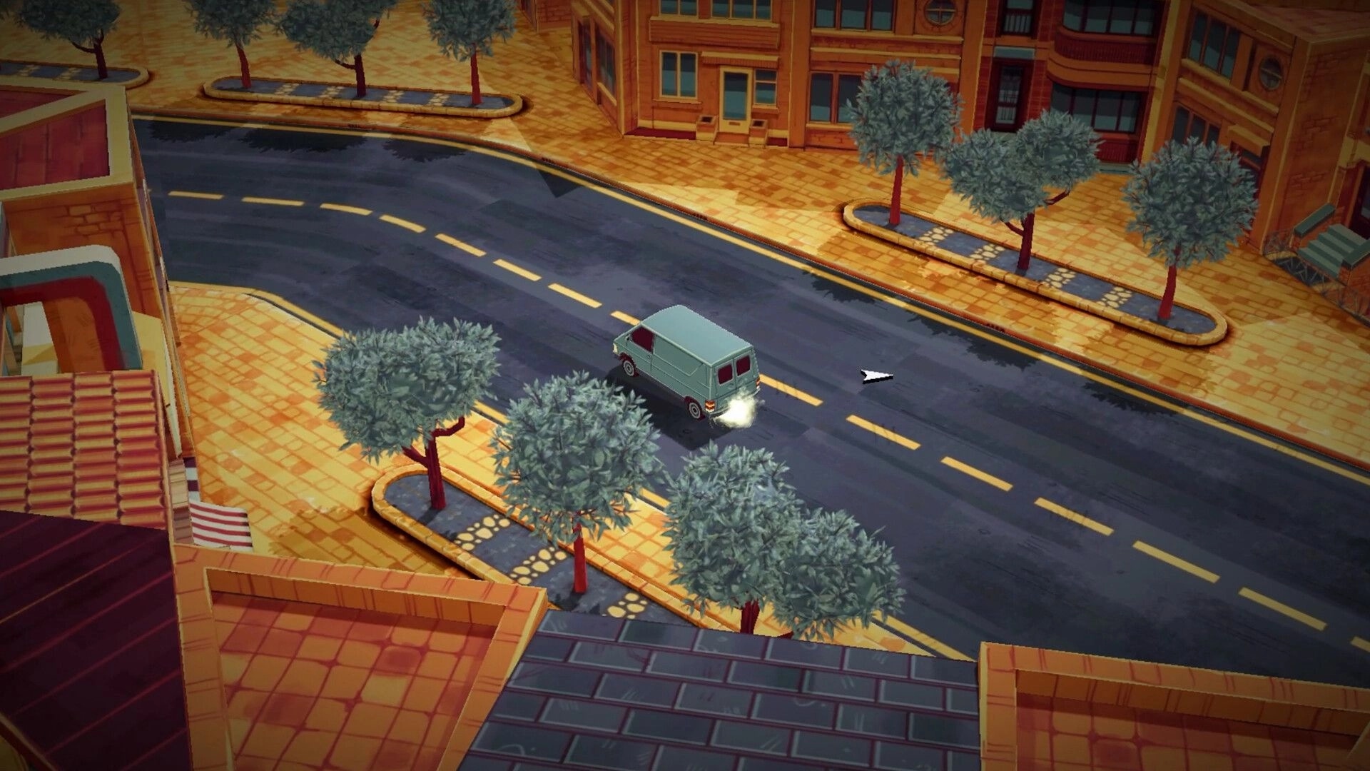 Stunt Xpress: Delivery van cruising down a curved city street with trees and a waypoint arrow cursor.