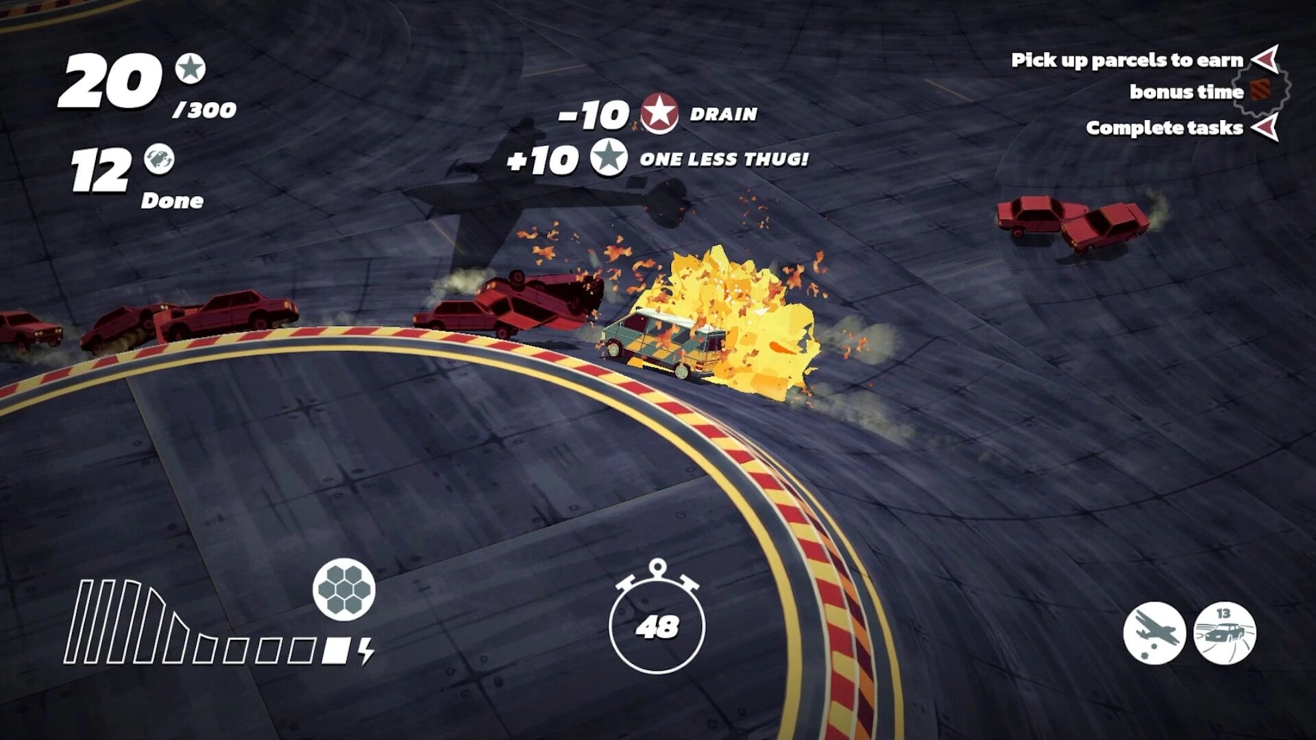 Stunt Xpress: Van triggers fiery crash with red cars on banked track, score and timer UI visible.