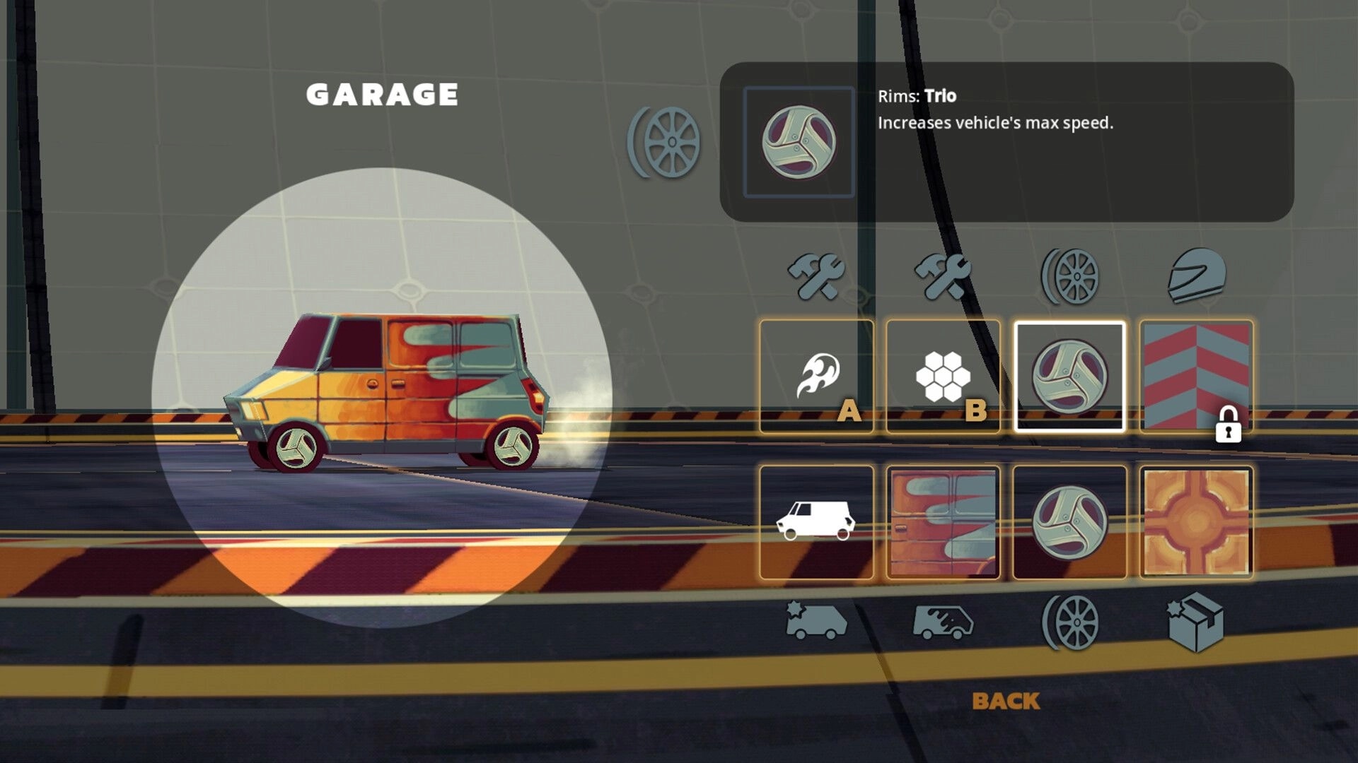 Stunt Xpress: Garage upgrade menu highlighting Trio rims for a delivery van on a test track.